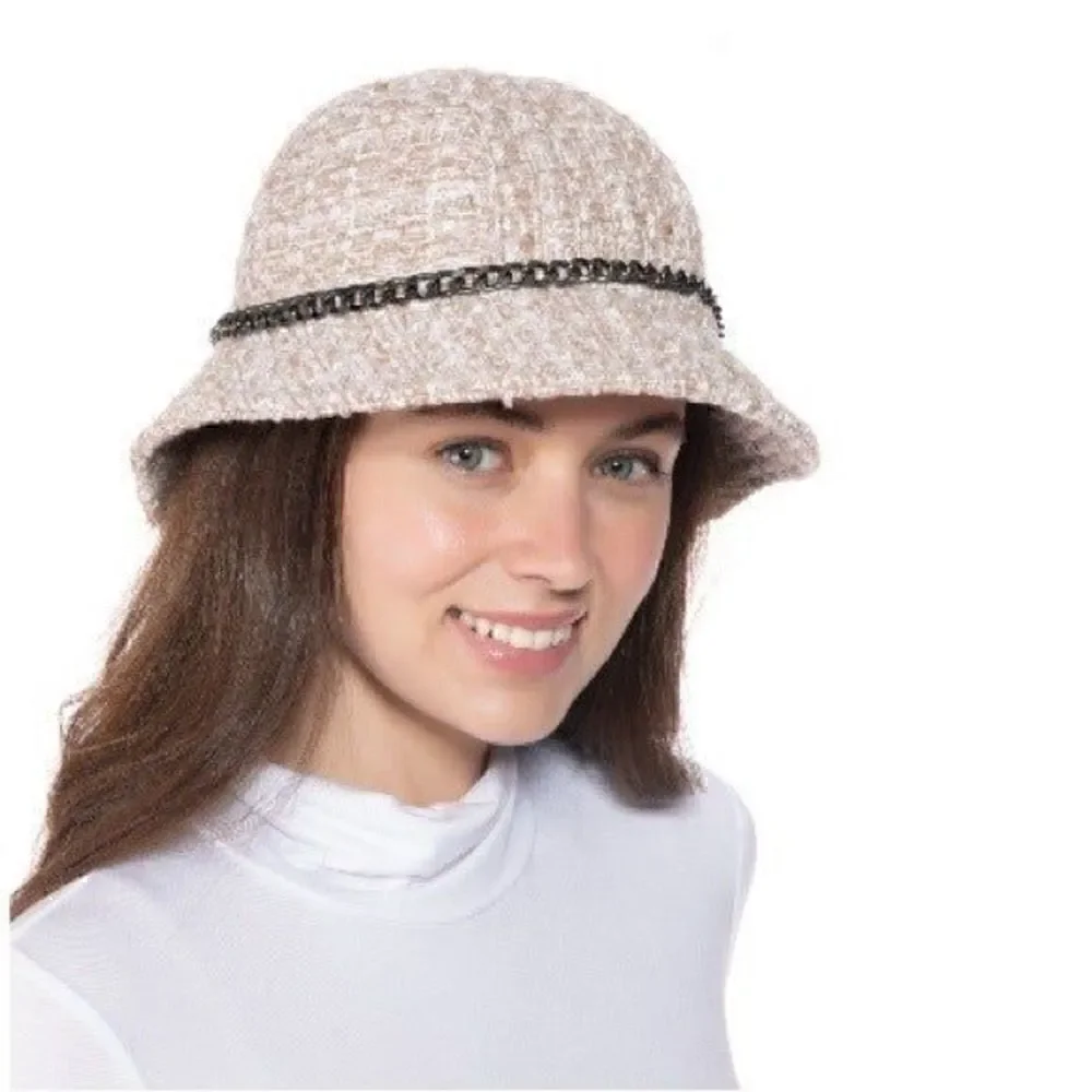 INC Chain Tweed pink Trim Chain Winter Cloche Hat NEW pale pink
